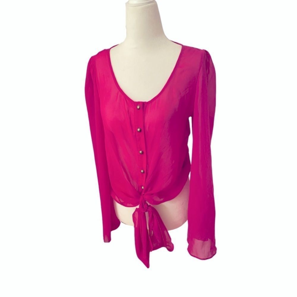 Pink / Magenta button down satin blouse- Size S